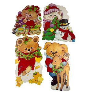 Vintage Christmas Red Velvet Accented Paper Cutouts Decorations Cat Puppy Bear